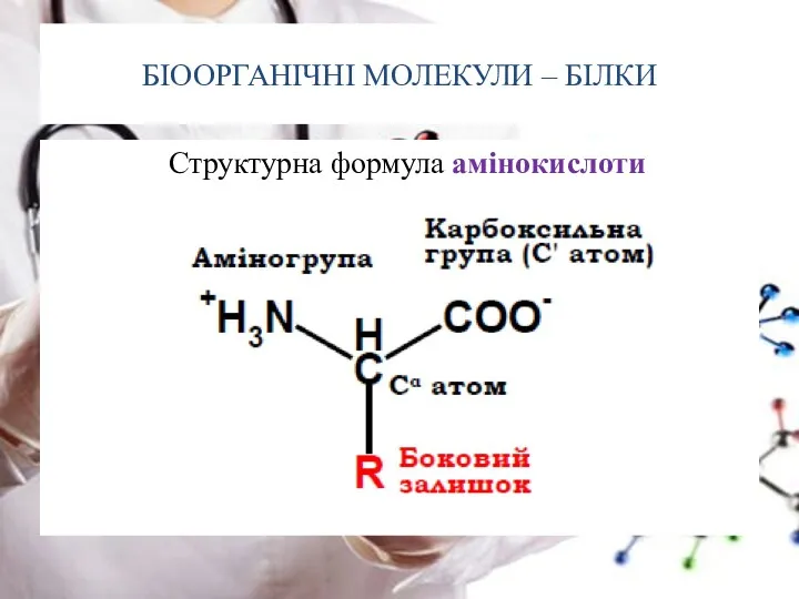 БІООРГАНІЧНІ МОЛЕКУЛИ – БІЛКИ Структурна формула амінокислоти