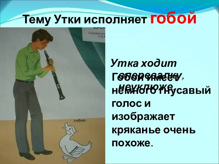 Тему Утки исполняет гобой Утка ходит вперевалку, неуклюже. Гобой имеет