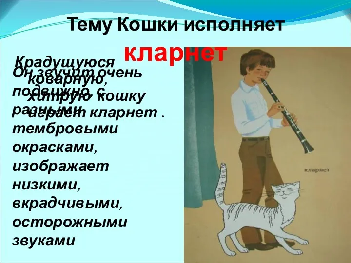 Тему Кошки исполняет кларнет Крадущуюся коварную, хитрую кошку играет кларнет