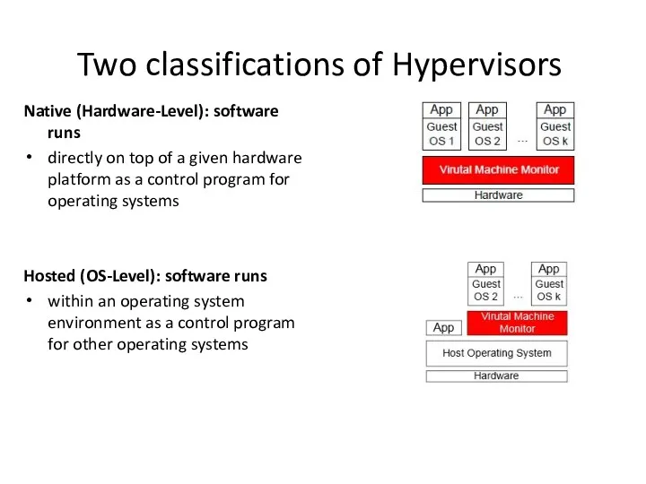 Native (Hardware-Level): software runs directly on top of a given