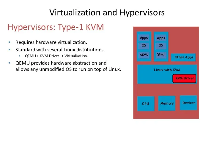 Requires hardware virtualization. Standard with several Linux distributions. QEMU +