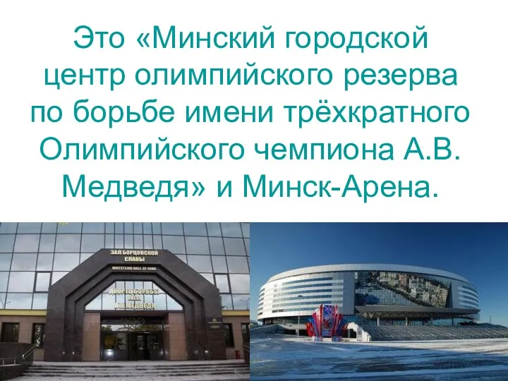 Это «Минский городской центр олимпийского резерва по борьбе имени трёхкратного Олимпийского чемпиона А.В. Медведя» и Минск-Арена.