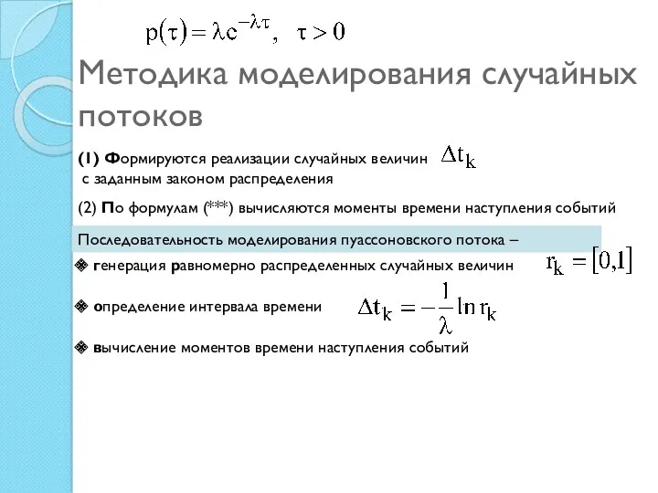 Методика моделирования случайных потоков (1) Формируются реализации случайных величин с