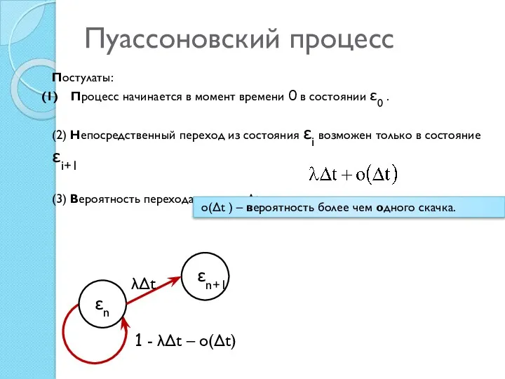 Пуассоновский процесс Постулаты: Процесс начинается в момент времени 0 в