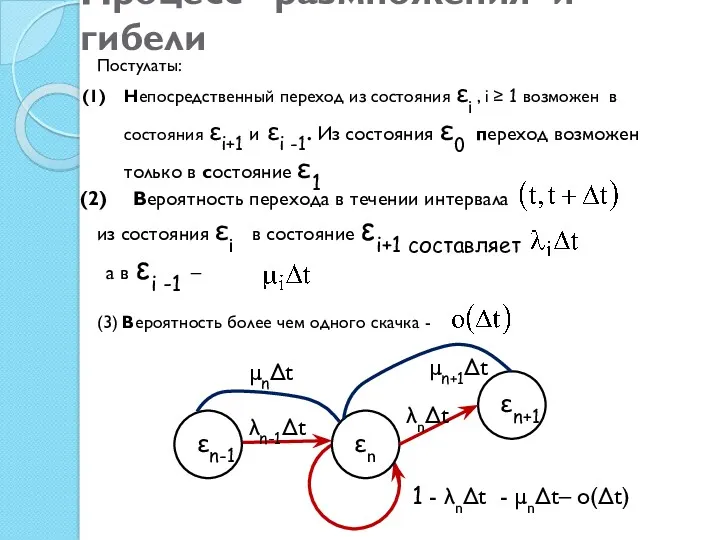 Процесс размножения и гибели Постулаты: Непосредственный переход из состояния εi