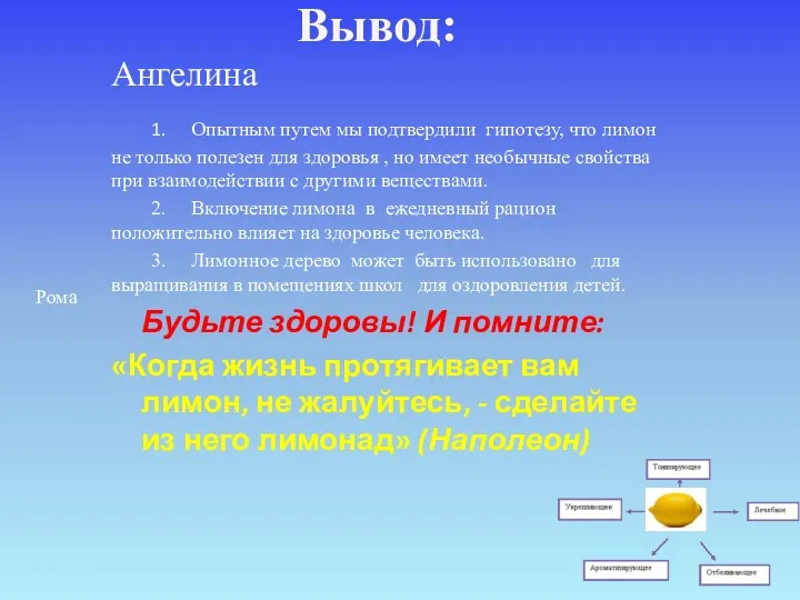 Вывод: Ангелина 1. Опытным путем мы подтвердили гипотезу, что лимон