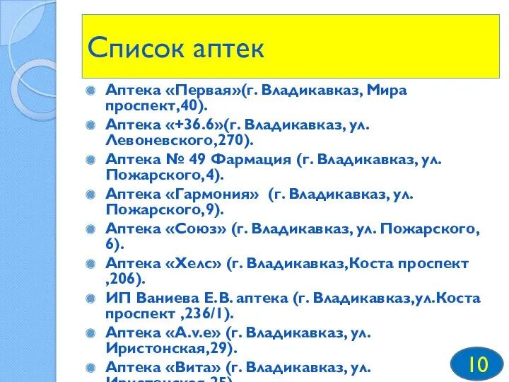 Список аптек Аптека «Первая»(г. Владикавказ, Мира проспект,40). Аптека «+36.6»(г. Владикавказ,