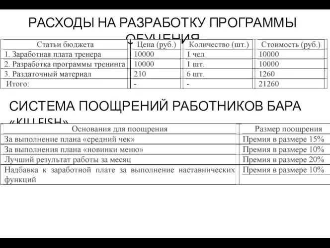 РАСХОДЫ НА РАЗРАБОТКУ ПРОГРАММЫ ОБУЧЕНИЯ СИСТЕМА ПООЩРЕНИЙ РАБОТНИКОВ БАРА «KILLFISH»