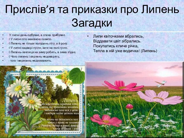 Прислів’я та приказки про Липень Загадки У липні день одбуває,