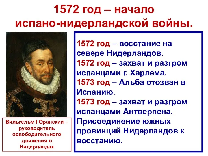 1572 год – начало испано-нидерландской войны. Вильгельм I Оранский –