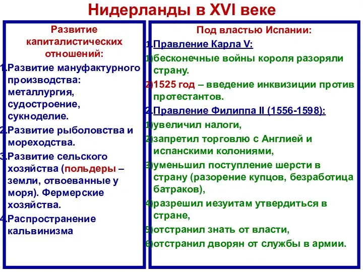 Нидерланды в XVI веке Развитие капиталистических отношений: Развитие мануфактурного производства: