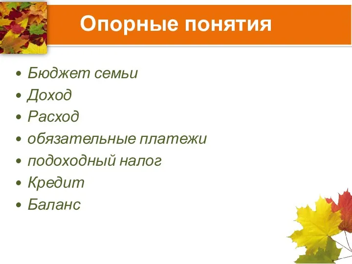 Опорные понятия Бюджет семьи Доход Расход обязательные платежи подоходный налог Кредит Баланс