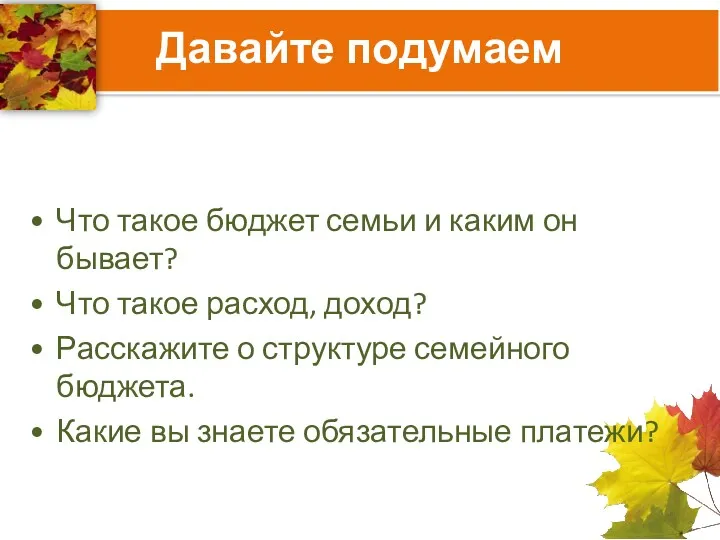 Давайте подумаем Что такое бюджет семьи и каким он бывает?