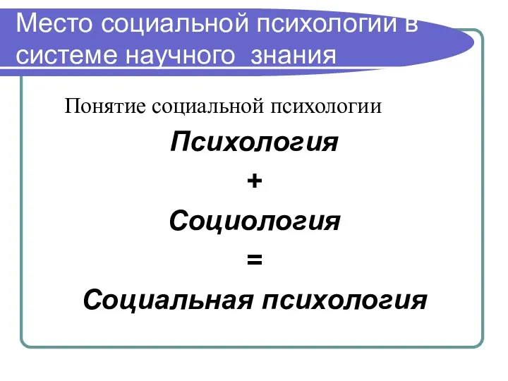 Место социальной психологии в системе научного знания Понятие социальной психологии Психология + Социология = Социальная психология