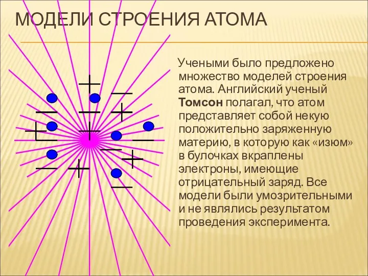 МОДЕЛИ СТРОЕНИЯ АТОМА Учеными было предложено множество моделей строения атома.