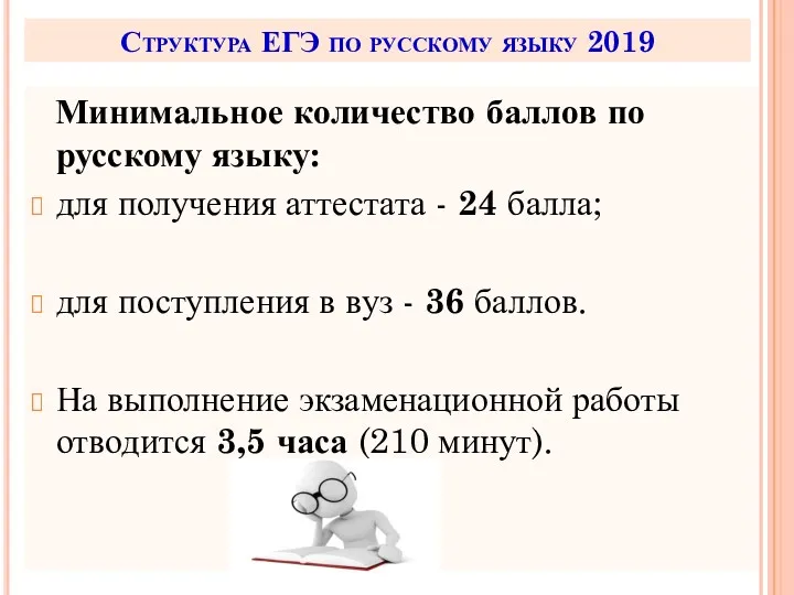 Структура ЕГЭ по русскому языку 2019 Минимальное количество баллов по русскому языку: для