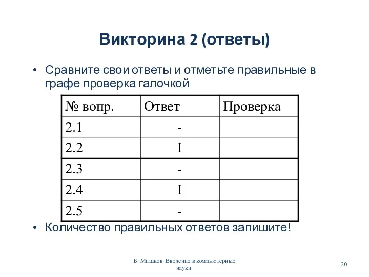 Викторина 2 (ответы) Сравните свои ответы и отметьте правильные в