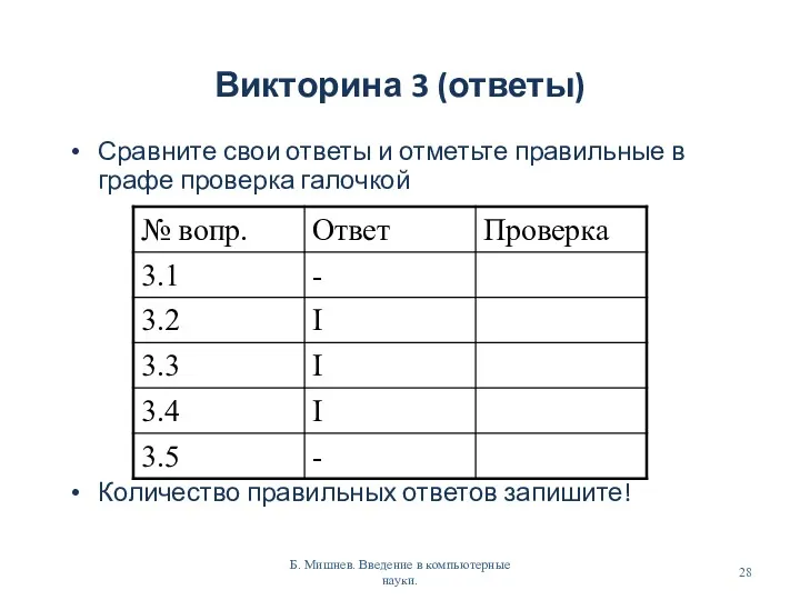 Викторина 3 (ответы) Сравните свои ответы и отметьте правильные в