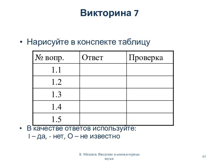 Викторина 7 Нарисуйте в конспекте таблицу В качестве ответов используйте: