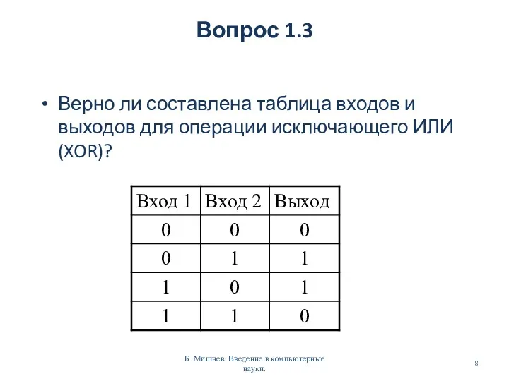 Вопрос 1.3 Верно ли составлена таблица входов и выходов для