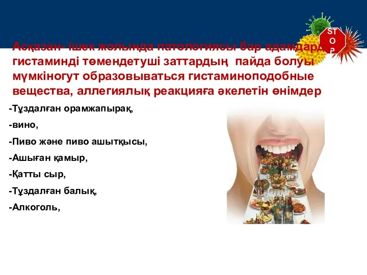 STOP Асқазан- ішек жолында патологиясы бар адамдарда гистаминді төмендетуші заттардың