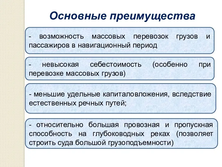 Основные преимущества - возможность массовых перевозок грузов и пассажиров в