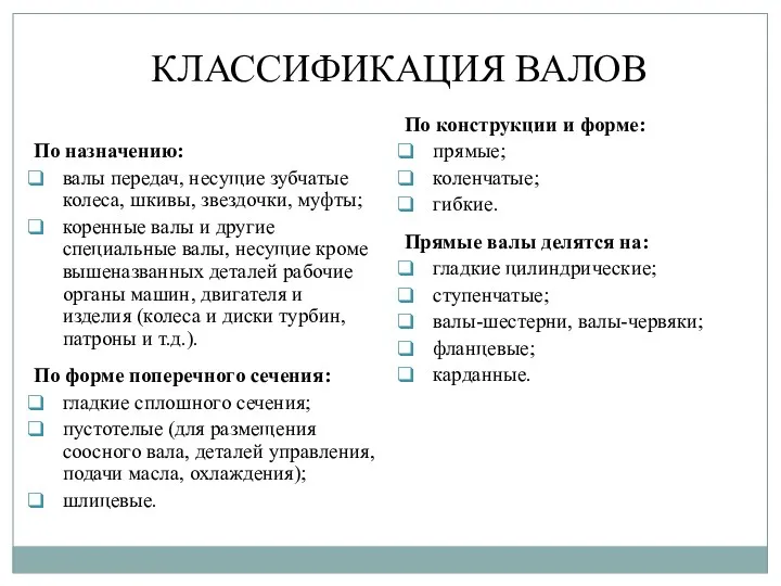 По назначению: валы передач, несущие зубчатые колеса, шкивы, звездочки, муфты;