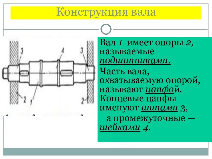 Конструкция вала Вал 1 имеет опоры 2, называемые подшипниками. Часть