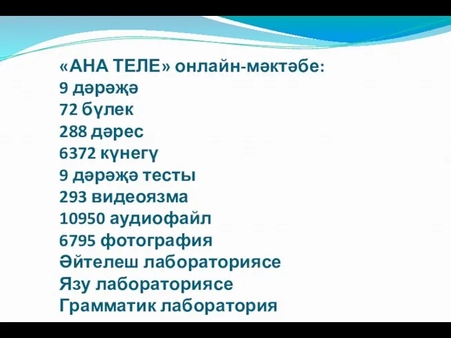 «АНА ТЕЛЕ» онлайн-мәктәбе: 9 дәрәҗә 72 бүлек 288 дәрес 6372 күнегү 9 дәрәҗә