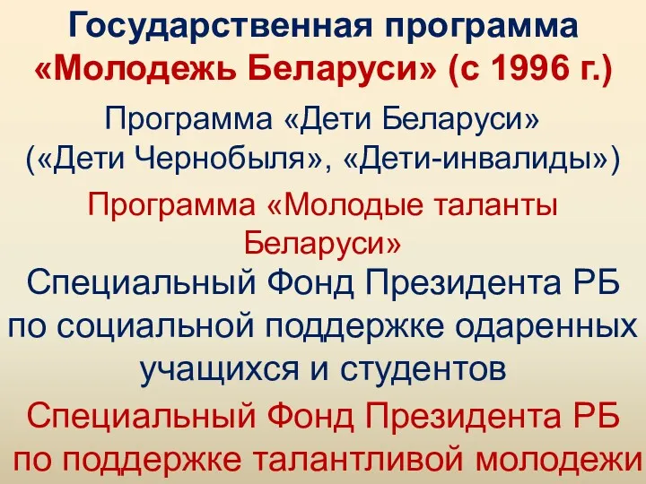 Программа «Дети Беларуси» («Дети Чернобыля», «Дети-инвалиды») Программа «Молодые таланты Беларуси»