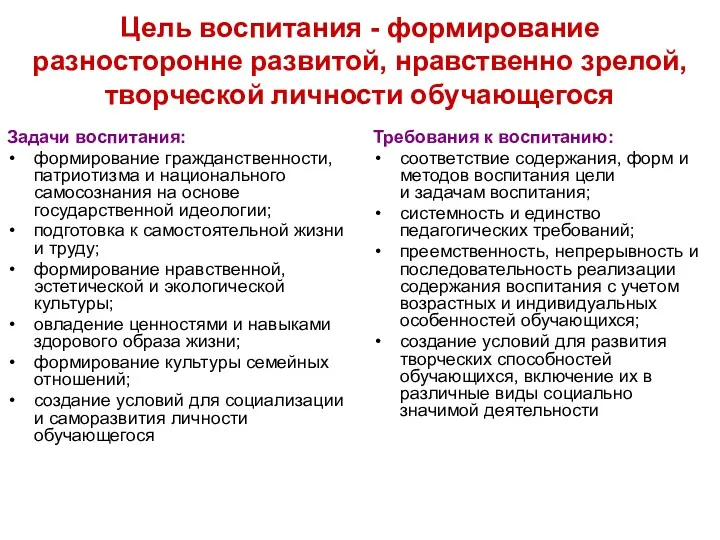 Цель воспитания - формирование разносторонне развитой, нравственно зрелой, творческой личности