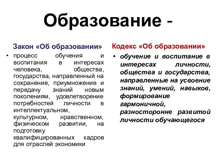 Образование - Закон «Об образовании» процесс обучения и воспитания в