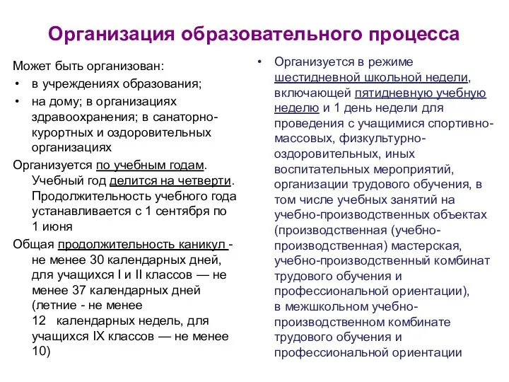 Организация образовательного процесса Может быть организован: в учреждениях образования; на