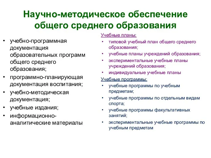 Научно-методическое обеспечение общего среднего образования учебно-программная документация образовательных программ общего