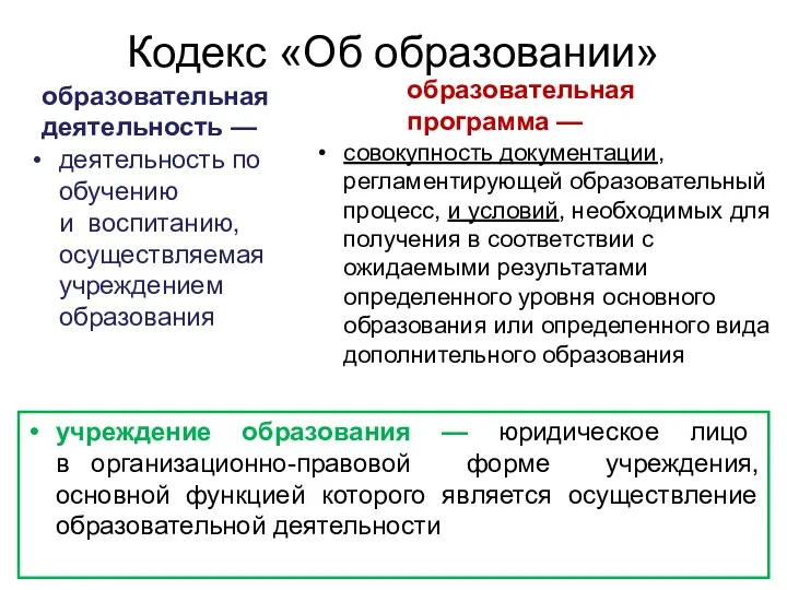 Кодекс «Об образовании» образовательная деятельность — деятельность по обучению и