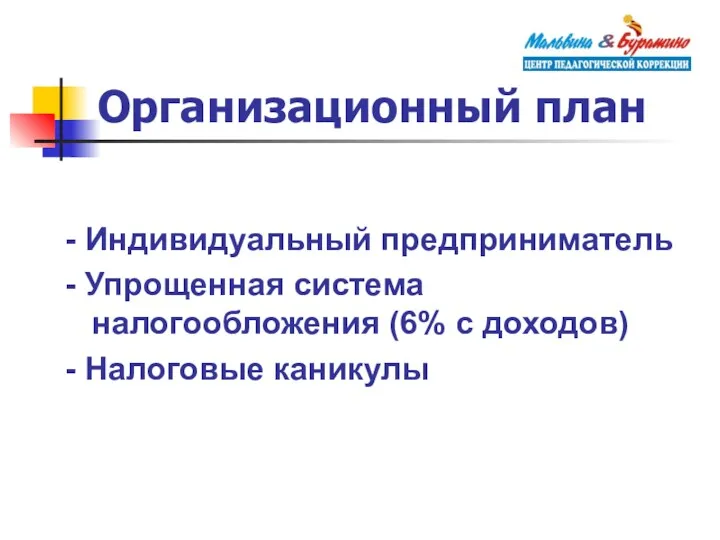 Организационный план - Индивидуальный предприниматель - Упрощенная система налогообложения (6% с доходов) - Налоговые каникулы