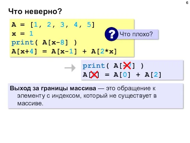 Что неверно? A = [1, 2, 3, 4, 5] x