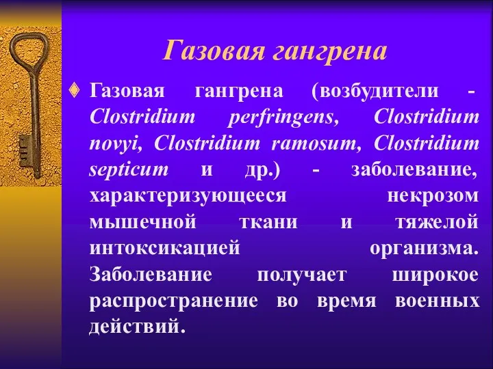 Газовая гангрена Газовая гангрена (возбудители - Сlоstridium perfringens, Clostridium novyi,