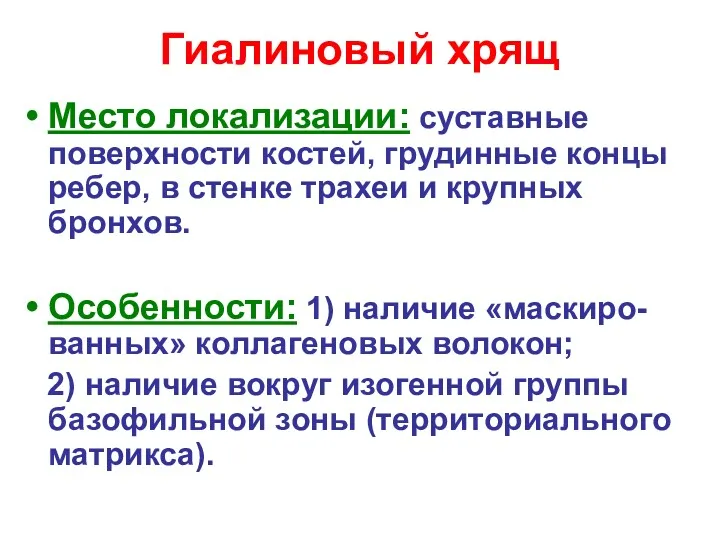 Гиалиновый хрящ Место локализации: суставные поверхности костей, грудинные концы ребер,