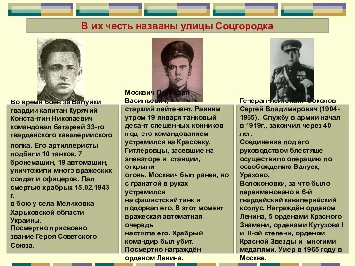Во время боёв за Валуйки гвардии капитан Курячий Константин Николаевич командовал батареей 33-го