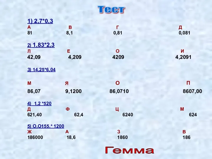 1) 2,7*0,3 А В Г Д 81 8,1 0,81 0,081