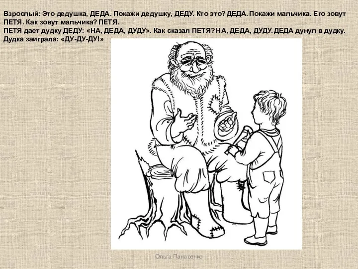 Ольга Панасенко Взрослый: Это дедушка, ДЕДА. Покажи дедушку, ДЕДУ. Кто это? ДЕДА. Покажи