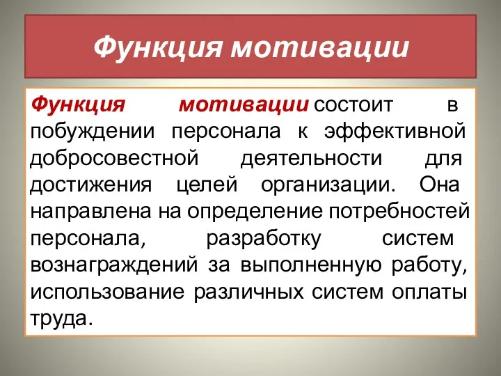 Функция мотивации Функция мотивации состоит в побуждении персонала к эффективной