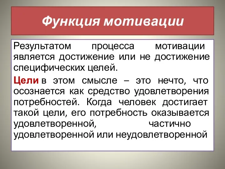 Функция мотивации Результатом процесса мотивации является достижение или не достижение