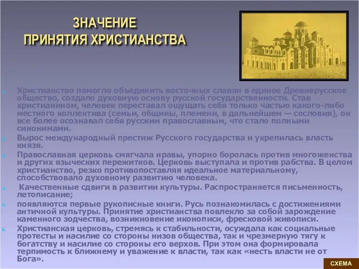 ЗНАЧЕНИЕ ПРИНЯТИЯ ХРИСТИАНСТВА Христианство помогло объединить восточных славян в единое