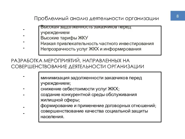 8 Проблемный анализ деятельности организации - - - - Высокая