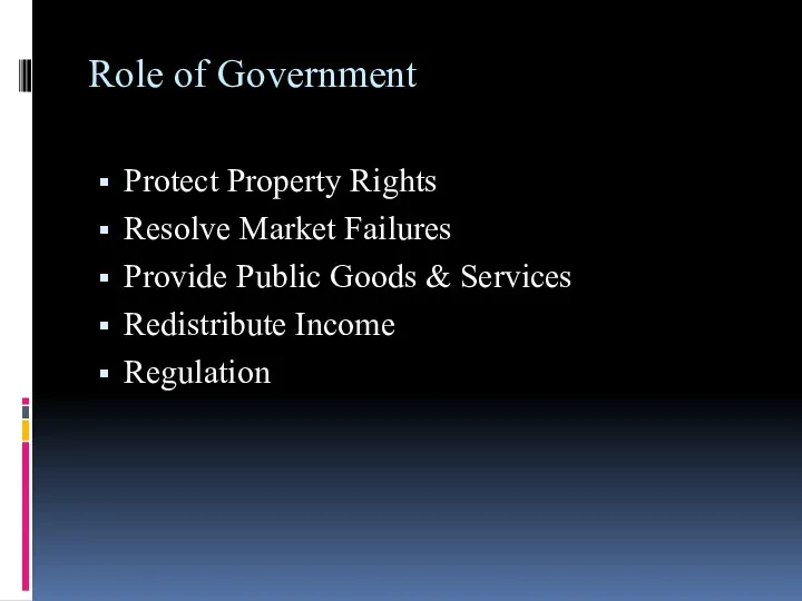 Role of Government Protect Property Rights Resolve Market Failures Provide