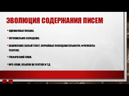 ЭВОЛЮЦИЯ СОДЕРЖАНИЯ ПИСЕМ ОДИНАКОВЫЕ ПИСЬМА. ПЕРСОНАЛЬНОЕ ОБРАЩЕНИЕ. ЗАШУМЛЕНИЕ (БЕЛЫЙ ТЕКСТ,