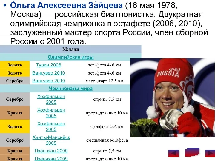 О́льга Алексе́евна За́йцева (16 мая 1978, Москва) — российская биатлонистка.