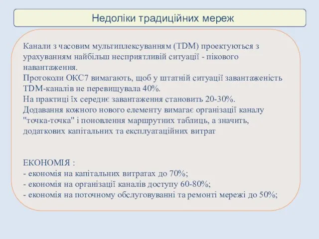 Недоліки традиційних мереж Канали з часовим мультиплексуванням (TDM) проектуються з